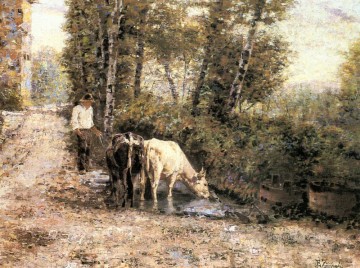 エウジェニオ・ザンピーギ Painting - 静かなプールカントリーで水やりをする牛たち エウジェニオ・ザンピーギ